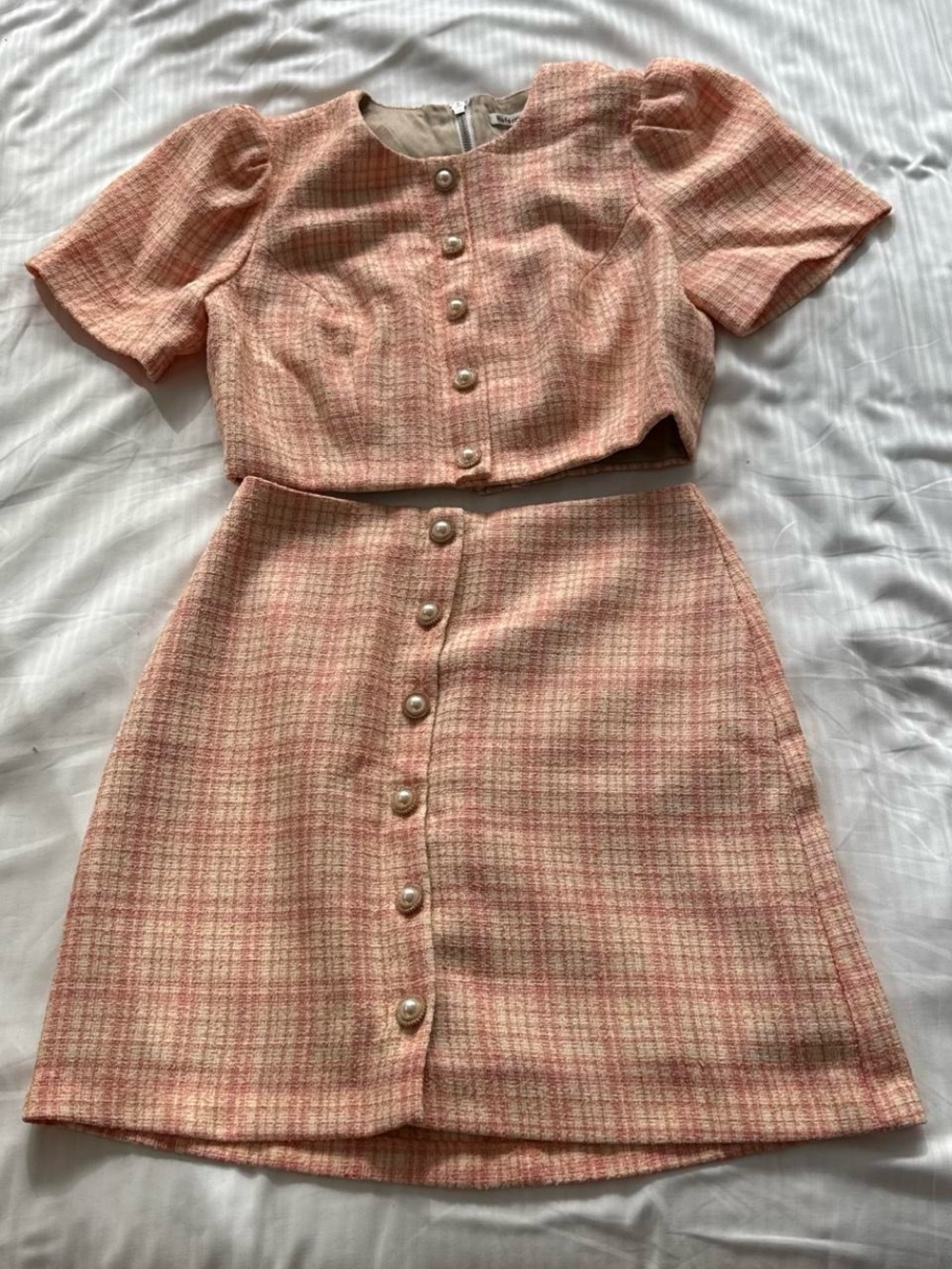Reformation Pink Tweed Crop Top & A-Line Skirt Set